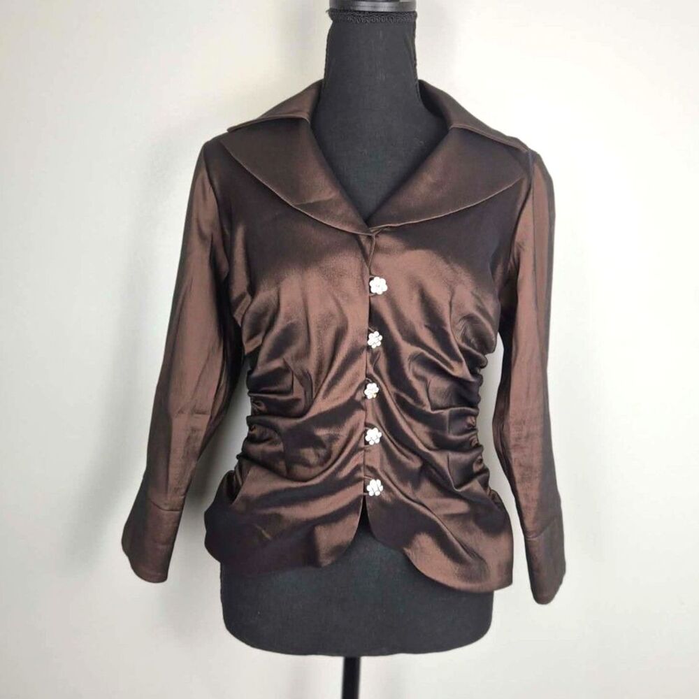 Tadashi Collection Brown Taffeta Ruched Rhinestone Evening Blouse Y2K Cocktail
